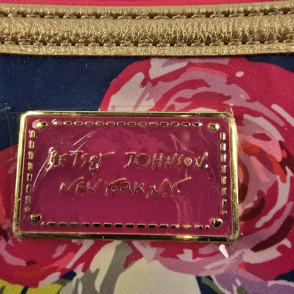 Betsey Johnson Floral Makeup Bag Navy Blue Pink Rose Gold Trim Zipper Pouch